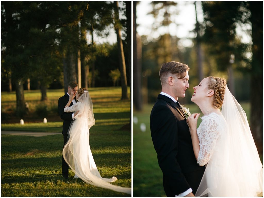 A couple shares a First look in the forest in New Orleans during their First look Wedding. Images by Erin & Geoffrey Photography