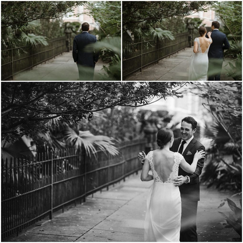 a couple in New Orleans has a First Look Wedding and smile and laugh when they see each other for the first time